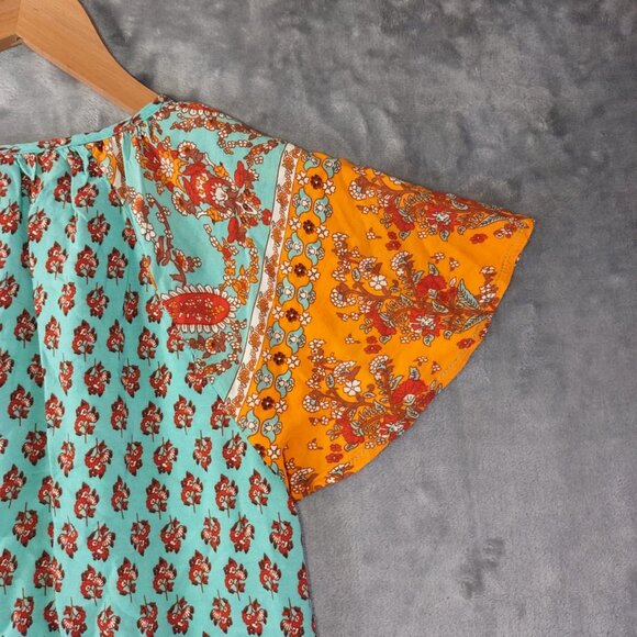 Boho Floral Mixed Print Tunic Top Orange & Teal Short Sleeve Festival Style - Picture 6 of 9